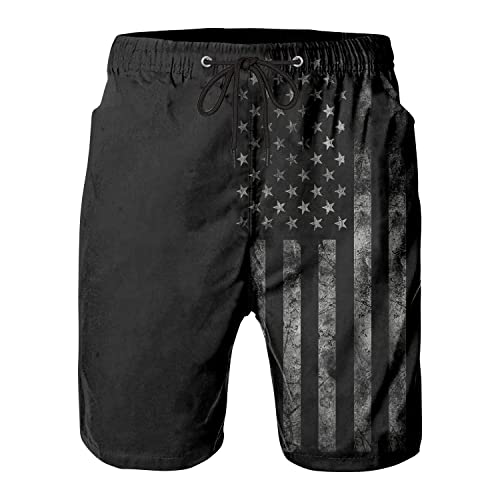 FT FENTENG Swim Trunks for Men, Hawaii Quick Dry Beach/ Swimming Shorts, Vintage Black American Flag Board Swimwear Bathing Suit with Mesh Lining, X-Large