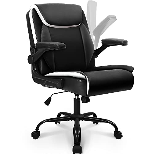 NEO CHAIR Office Chair Adjustable Desk Chair Mid Back Executive Comfortable PU Leather Ergonomic Gaming Back Support Home Computer with Flip-up Armrest Swivel Wheels (Black)