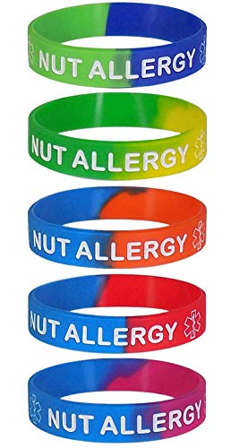 Max Petals NUT Allergy Silicone Wristbands - Blue, Orange, Green and Black Small Size (7 inches) 5 Pack