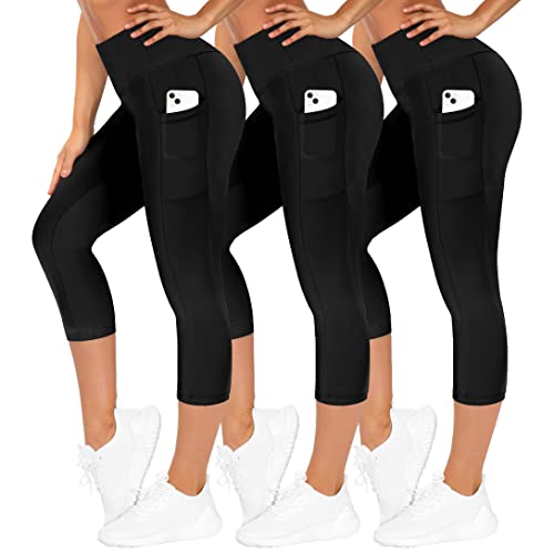 ZOOSIXX 3 Pack Capri Leggings for Women, High Waisted Yoga Pants with Pockets Soft Black for Running Workout