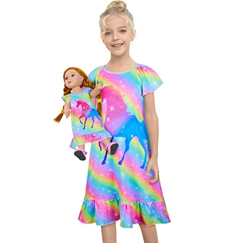 MHJY Doll and Girl Matching Nightgown Unicorn Outfit Princess Pajamas Sleepwear Dress for Girls & American 18' Dolls Clothes Rainbow