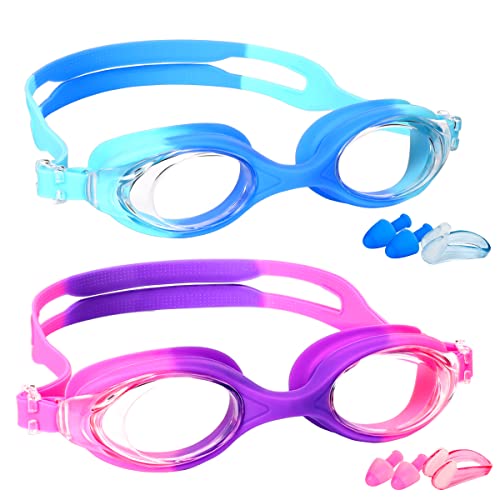 EWPJDK Kids Swim Goggles - 2 Pack Swimming Goggles Anti Fog Anti-UV No Leaking For Children Teens Boys & Girls Age 3-15 (Purple & Blue)