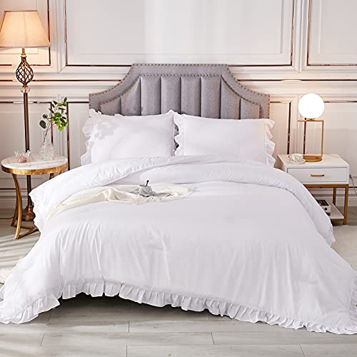 Andency White Comforter Full Size, 3 Pieces Solid Farmhouse Shabby Chic Ruffle Bedding Sets, All Season Soft Lightweight Comfy Down Alternative Bed Set for Girls Teens Men Women