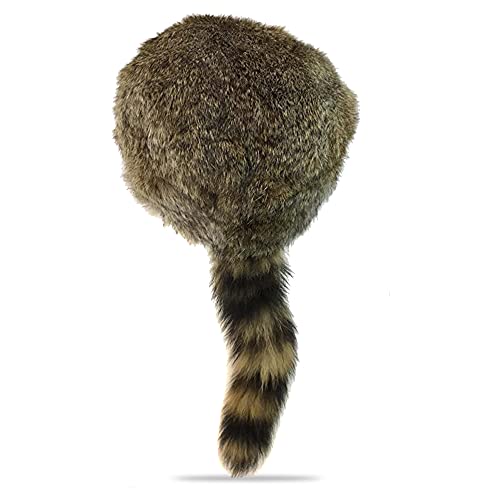 surell Coonskin Davy Crockett Hat - 100% Real Rabbit Fur Hat - Rabbit Fur Crown - Raccoon Tail Hat - Genuine Fur Crown - Unisex Winter - Brown