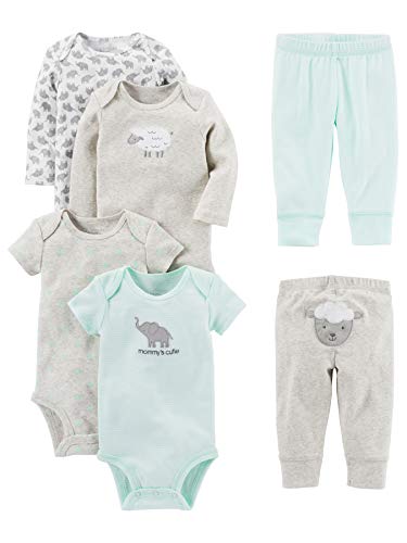 Simple Joys by Carter's Unisex Babies' 6-Piece Bodysuits (Short and Long Sleeve) and Pants Set, Grey/Mint Green/Elephant/Lamb, 3-6 Months