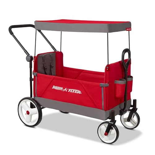 Radio Flyer Convertible Stroll N Wagon with 5 Point Harnesses, Rear Brake, Front Caster Wheels, 12 Inch Rear Wheels, and Push Pull Handle, Red