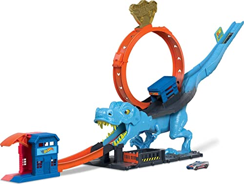 Hot Wheels Toy Car Track Set City T-Rex Chomp Down with 1:64 Scale Car, Knock Out The Giant Dinosaur with Stunts