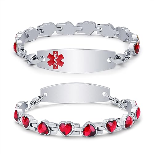 Personalized Medical Alert Bracelets for Women, Free Engraving Medical ID Bracelets for Women Girls, Stainless Steel Chain with Red Love CZ Charms, Custom Medical Alert Bracelet (6.0-8.5 Inch Options)