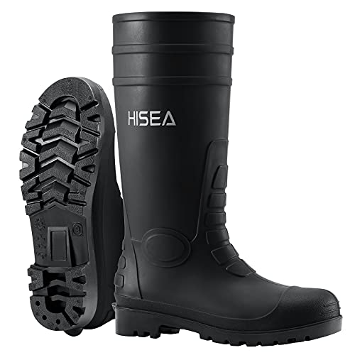 HISEA Men's Steel Toe Work Boots PVC Rain Boots, Rubber Garden Fishing Boots for Men, Waterproof and Slip Resistant Knee Boots for Agriculture and Industrial Working Size 10 Black