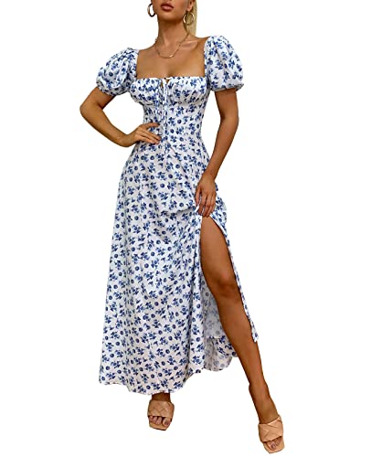Women's Summer Puff Sleeve Floral Print Split Maxi Dress Flowy A Line Casual Beach Long Dresses White-M