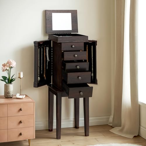 AVAWING Standing Jewelry Cabinet Armoire with Top Flip Mirror, 5 Drawers & 8 Necklace Hooks, Large Capacity Jewelry Storage Organizer with 2 Side Swing Doors for Women Girls (Dark Brown)