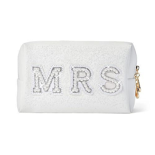 Burskit Bride Gifts Mrs Bag Preppy Makeup Bag Patch Varsity Letter Cosmetic Toiletry Bag PU Leather Portable Makeup Bag Zipper Pouch Storage Purse Waterproof Organizer Gift for Women Teen Girls
