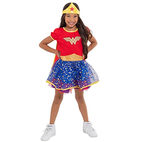 Wonder Woman Toddler Girls' Costume Dress with Gold Tiara Headband and Cape, Red (5T)