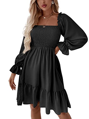 LYANER Women's Long Puff Sleeve Square Neck Shirred Ruffle Swing Midi Dress Solid Black Medium