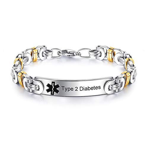Personalized Custom Stainless Steel Medical Alert Disease Awareness Gold Plated Byzantine Bracelet Women Men Identification ID Bangle Emergency Life Save for Mom,Dad,Son,Daughter,Free Engrave