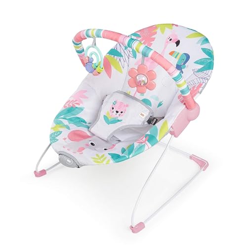 Bright Starts Baby Bouncer Soothing Vibrations Infant Seat - Removable-Toy Bar, Nonslip Feet, 0-6 Months Up to 20 lbs (Flamingo Vibes, Pink)