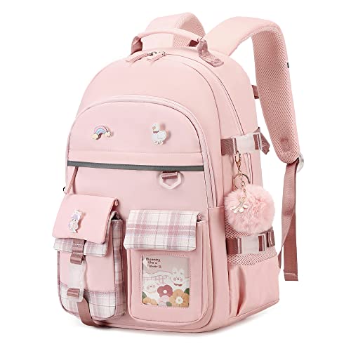 KIDNUO Backpack for Girls, 15.6 Inch Laptop School Bag Kids Kindergarten Elementary College Backpacks Large Bookbags for Teen Girls Women Students Casual Travel Daypacks (Pink)