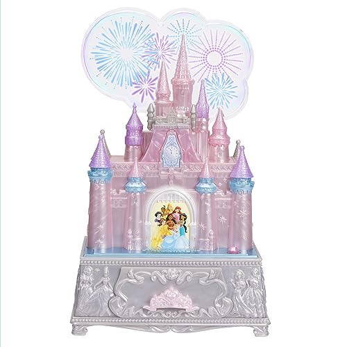 DISNEY PRINCESS Jewelry Box for Girls Disney 100th Celebration Princess Castle Keepsake Jewelry Box with Music & Firework-Like Light Show, Plays Song “A Dream Is a Wish Your Heart Makes”