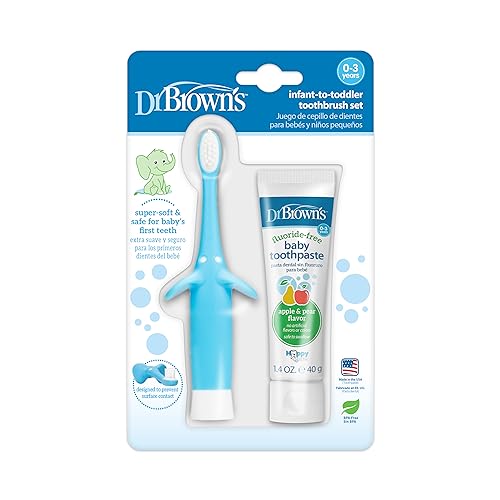 Dr. Brown's Infant-to-Toddler Training Toothbrush Set, Blue Elephant with Fluoride-Free Apple Pear Baby Toothpaste, 0-3 years