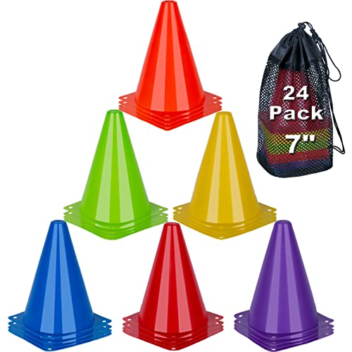 7 Inch Soccer Cones, 24 Pack Cones Sports Training Agility Field Marker Plastic Cones for Skating Basketball Football Practice Drills, Indoor Outdoor Activity Events Games Obstacle Course - 6 Colors