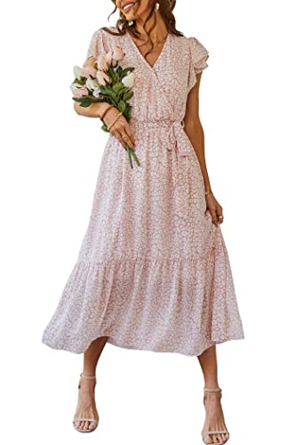 PRETTYGARDEN Women's 2024 Floral Boho Dress Wrap V Neck Short Sleeve Belted Ruffle Hem A-Line Flowy Maxi Dresses (Pink,Large)