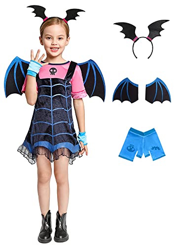 VARWANEO Halloween Girls Vampirina Costume Cartoon Cosplay Dress up Skir Set with Headband Wing Gloves For Kids 5-6T