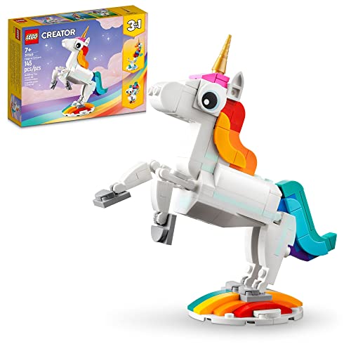 LEGO Creator 3 in 1 Magical Unicorn Toy to Seahorse to Peacock 31140, Rainbow Animal Figures, Unicorn Gift for Girls and Boys, Buildable Toys, 7+ years