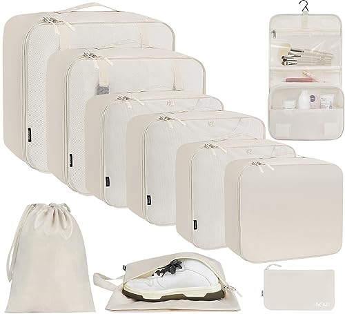 BAGAIL 10 Set Packing Cubes Various Sizes Packing Organizer for Travel Accessories Luggage Carry On Suitcase-Cream