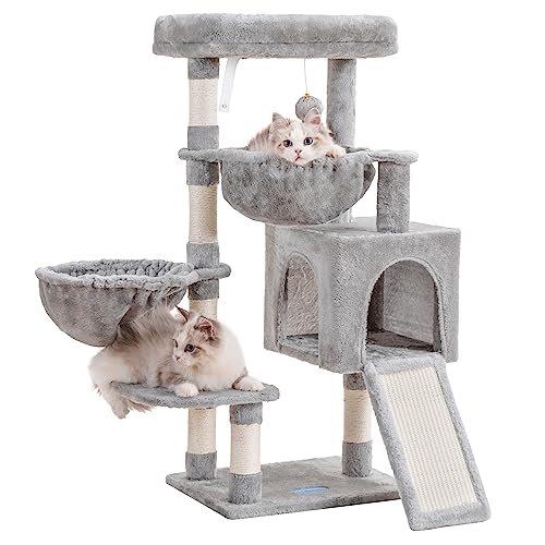 Hey-brother Cat Tree, Cat Tower for Indoor Cats, Cat House with Large Padded Bed, Cozy Condo, Hammocks, Sisal Scratching Posts, Big Scratcher, Light Gray MPJ006SW
