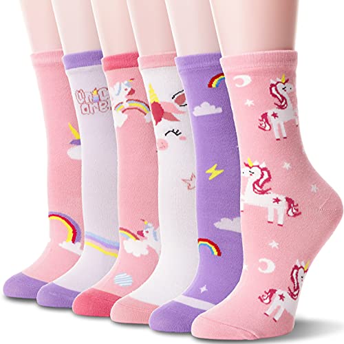 WELSOX Girls Kids Unicorn Socks Cute Fun Crew Fashion Funny Gifts Novelty Stocking Stuffers Soft Cotton Socks 6 Pairs (Unicorn,5-8 Y)