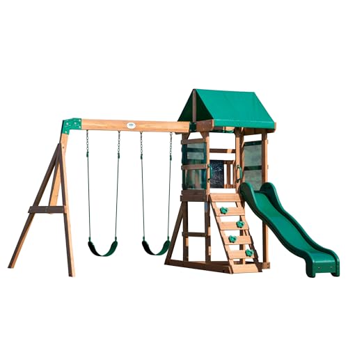 Backyard Discovery Buckley Hill Wooden Swing Set, Made for Small Yards and Younger Children, Two Belt Swings, Covered Mesh Fort with Canopy, Rock Climber Wall, 6 ft Slide Green