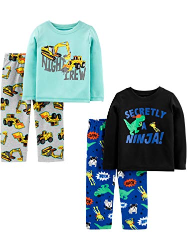 Simple Joys by Carter's Boys' Toddler 4-Piece Pajama Set (Cotton Top & Fleece Bottom), Aqua Blue Trucks/Black Dinosuar/Cobalt Blue/Grey Construction, 5T