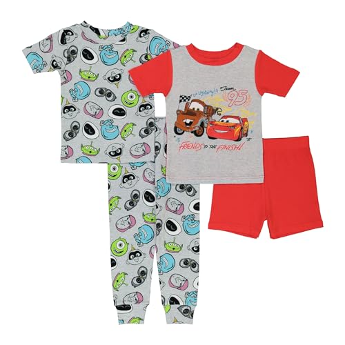 Disney Boys' Pixar Collection 4-Piece Snug-Fit Cotton Pajamas Set, PIXAR MASHUP, 4T