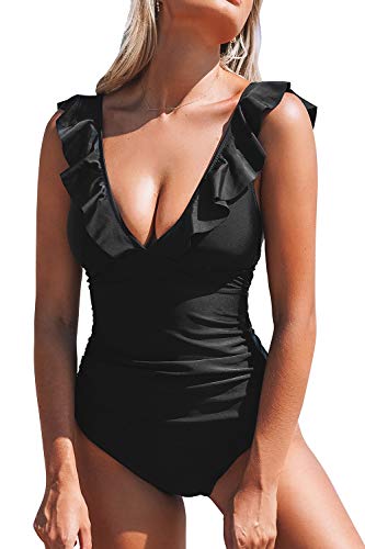 CUPSHE Women's Ruffled Lace Up One Piece Swimsuit, M Black