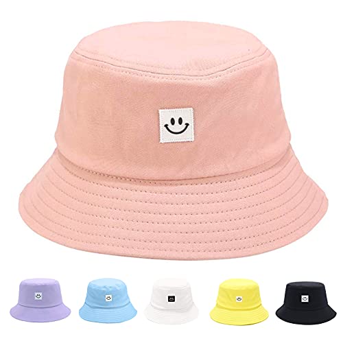 Kids Sun Hat Smile Face Bucket Hat for Girls Boys Summer Sun Protection Cotton Unisex Beach Cap(Pink)