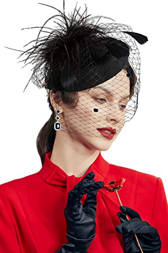 BABEYOND Fascinator Hat Veil Feather Hair Clip Tea Party Pillbox Derby Hat Fascinator Bridal Wedding Veil