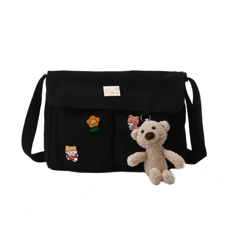 PRAGARI Canvas Crossbody Bag Messenger Cute Bag with Pins and Pendant for Women Girls Casual Shoulder Aesthetic School bag