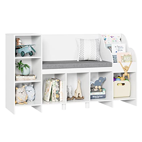 HOUSUIT Kids Bookshelf with Reading Nook, Bookcase with Seat Cushion and Adjustable Shelf, Storage Bench with Book Rack for Bedroom, Entryway, Playroom, 15.7' D x 54.5' W x 31.5' H, White