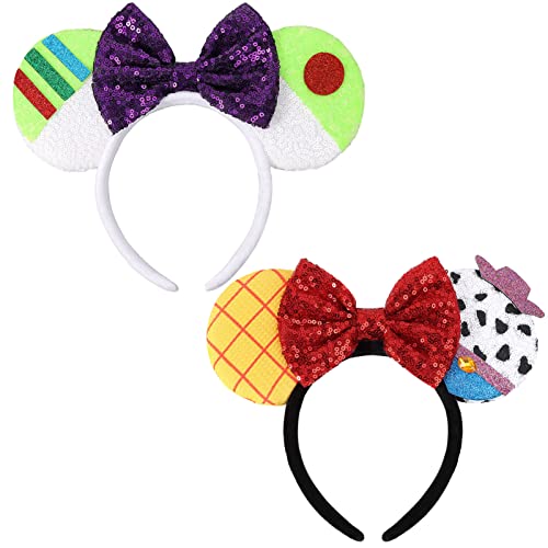 ETLUK Mouse Ears Headbands, 2 PCS Mouse Ears Sequin Bow Headbands for Women Boys and Girls, Cosplay Accessories Party Decorations (Green, Yellow)