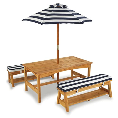 KidKraft Outdoor Wooden Table & Bench Set with Cushions and Umbrella, Kids Backyard Furniture, Navy and White Stripe Fabric