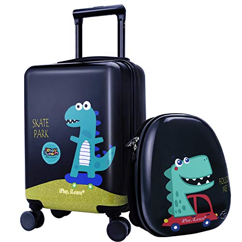 iPlay, iLearn Dinosaur Kids Luggage, Boys Carry on Suitcase, Hard Shell Travel Luggage Set W/Backpack, Trolley Luggage W/ 4 Spinner Wheel for Children Toddlers