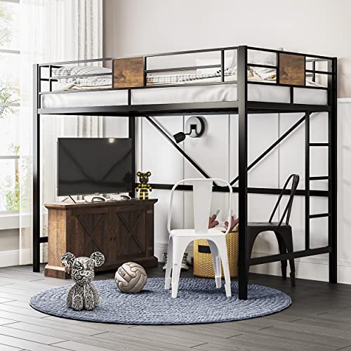 SHA CERLIN Metal Twin Loft Bed Frame with Stairs & Full-Length Guardrail, Space-Saving, Juniors and Adults, Noise Free, Black