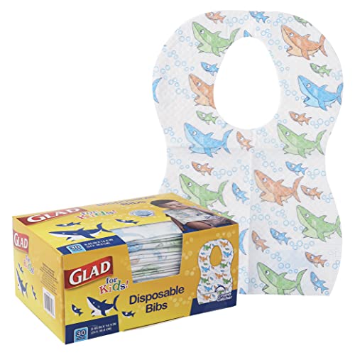 Glad for Kids Sharks Paper Bibs, 30 Count - Disposable Paper Bibs with Cute Sharks Design for Kids - Travel Bibs for Kids - Art & Craft Disposable Kids Bibs