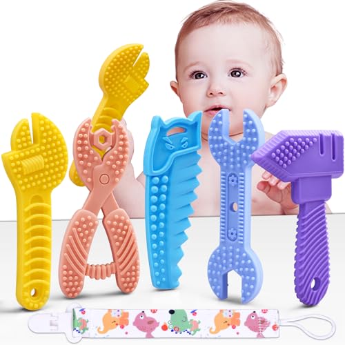 Mgtfbg Baby Teething Toys for 0-6 / 6-12 Months - Molar Teether Chew Toys Set BPA Free Silicone, Soft Textures - Hammer Wrench Scissors Shape Gift 5-Pack