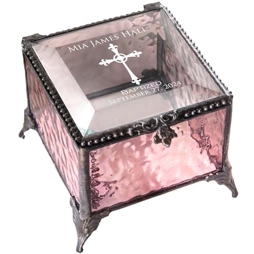 Baptism Gift for Girls Personalized Keepsake Box Pink Stained Glass Engraved Jewelry J Devlin Box 903 EB222 (Pink)