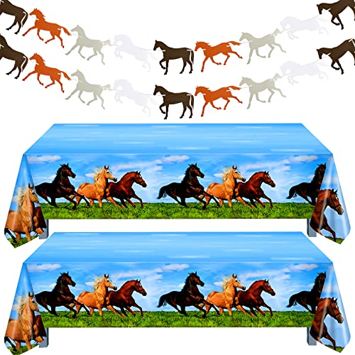 Outus 4 Pieces Horse Party Decorations Supplies Including 2 Pieces Horse Plastic Tablecloths and 2 Pieces Horse Garland Paper Banners for Horse Themed Party Horse Racing Activity
