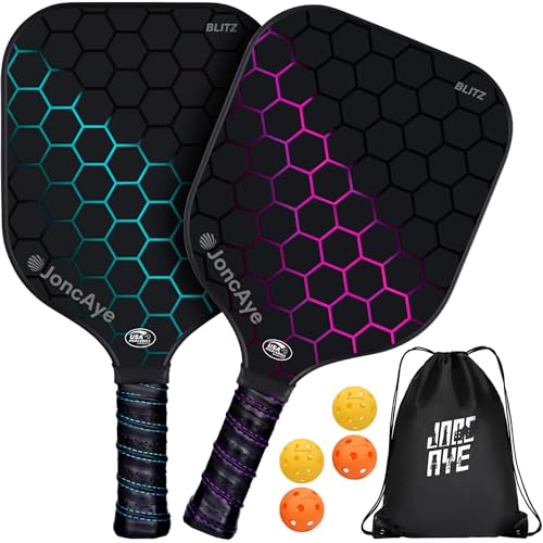 JoncAye Pickle-Ball-Paddle Set of 2 with Balls, Paddle Bag | USAPA Approved Pickleball-Rackets 2 Pack for Kids, Adults | Fiberglass Pickleball Racquets Pink Blue for Women Men | Pickleball Kit