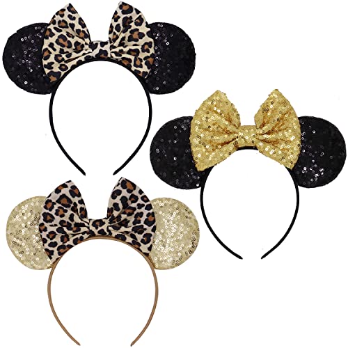 LIHELEI Minnie Ears Mouse Ears Headband with Leopard Bows, Party Decoration Headbands for Halloween Costume, Headwear Hair Accessories for Women Girls-3 PCS A