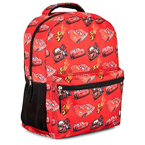 Cars Lightning McQueen Allover Backpack - Lightning McQueen, Mater, Doc Hudson Backpack - Officially Licenced Disney School Bookbag (Red)