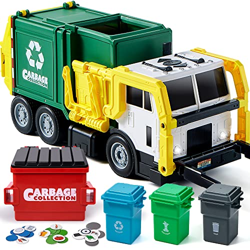 JOYIN Large Friction Powered Garbage Truck Toy Set, Includes Dumpster, Trash Bins, and Learning Cards for Kids